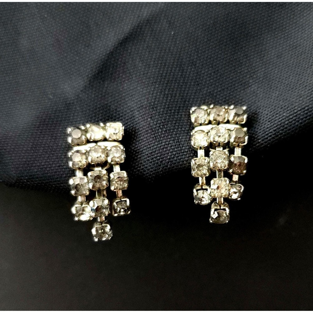 Vintage‎ Rhinestone Screw Back Earrings Mid Century Smoky Gray Clear Jewelry